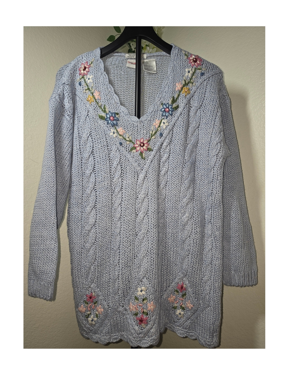 Bobbie Brooks Light Blue Cable Knit V-Neck Sweater with Floral Embroidery